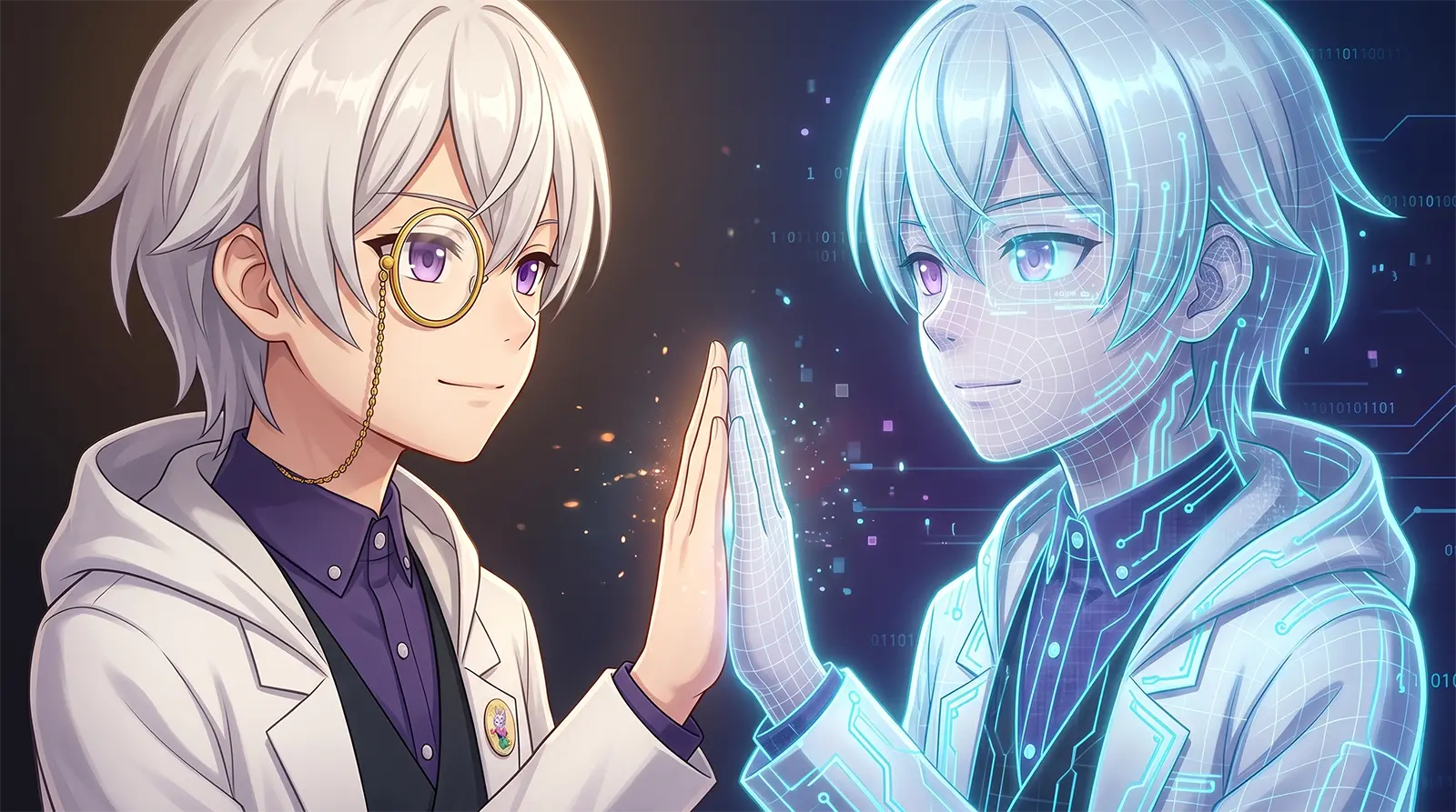 ritとritAI（デジタルツイン）が向かい合い手を合わせるイラスト